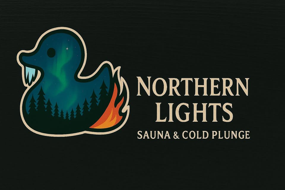 A logo featuring a duck silhouette with northern lights, pine trees, and a flame inside it. Text beside the duck reads: "Northern Lights Sauna & Cold Plunge" on a black background, highlighting the unique dual spa experience.