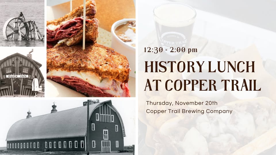 Event flyer for History Lunch at Copper Trail Brewing, featuring images of historic buildings, a penny-farthing bicycle, and a pastrami sandwich. Join us Thursday, November 20th, 12:30–2:00 pm at Copper Trail Brewing Company.