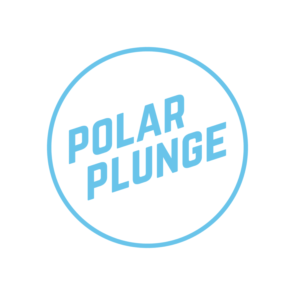 Light blue text reading "POLAR PLUNGE" in bold, angled capital letters is centered inside a light blue circle on a light gray background, representing the Alexandria Polar Plunge for Special Olympics Minnesota.