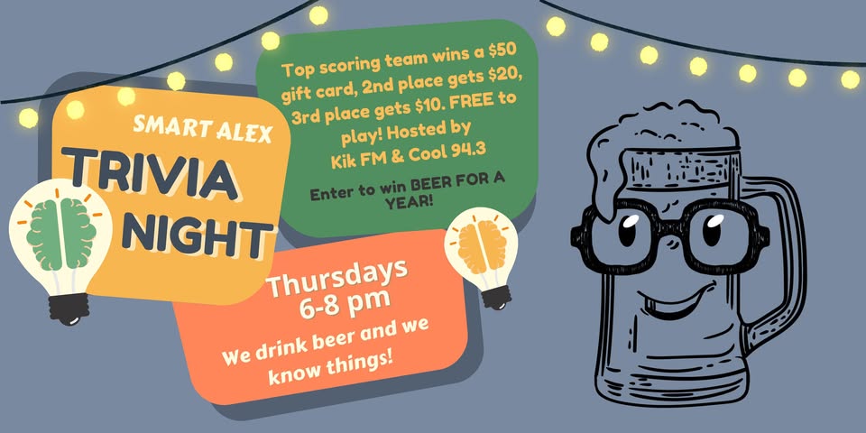 Illustrated flyer for "Smart Alex Trivia Night" at Copper Trail Brewing, featuring a cartoon beer mug in glasses. Join Thursdays 6–8 pm for prizes, hosted by radio stations, with a chance to win beer for a year. Festive string lights in background.
