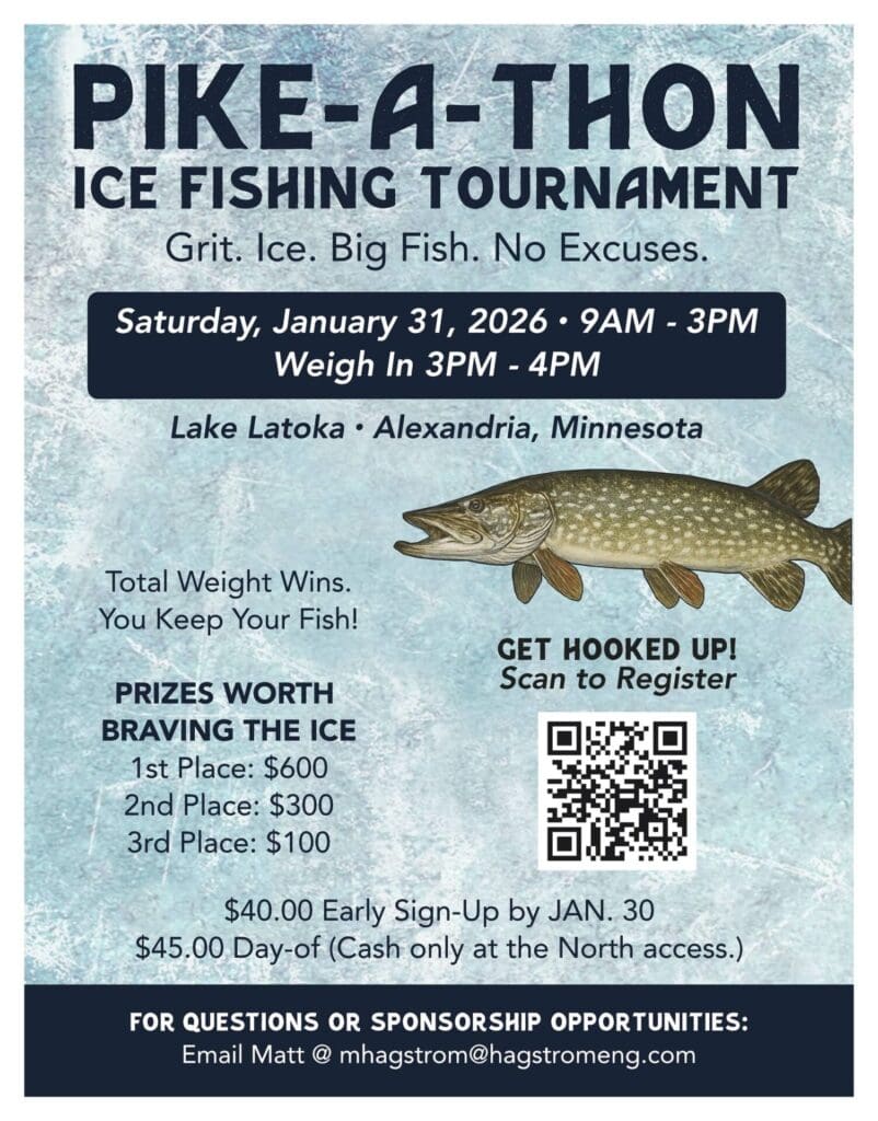 Flyer for Pike-A-Thon Ice Fishing Tournament on January 31, 2026, at Lake Latoka, Alexandria, MN. Features event times, prizes, entry fees, a fish image, and a QR code to register. Text provides full tournament details.