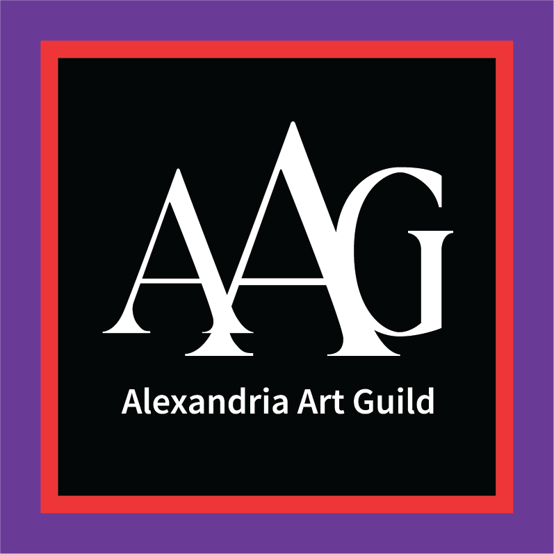 Logo for Alexandria Art Guild, a hub for visual arts, featuring large white "AAG" initials above "Alexandria Art Guild" on a black background, bordered by a red frame and a wider purple frame. Perfect for the Center for the Visual Arts.