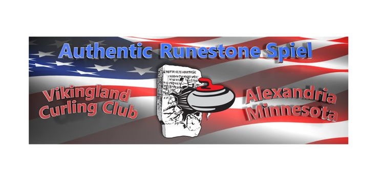 Banner with an American flag background, text reading "Authentic Runestone Spiel," "Vikingland Curling Club," and "Alexandria Minnesota," with a runestone and a curling stone in the center.