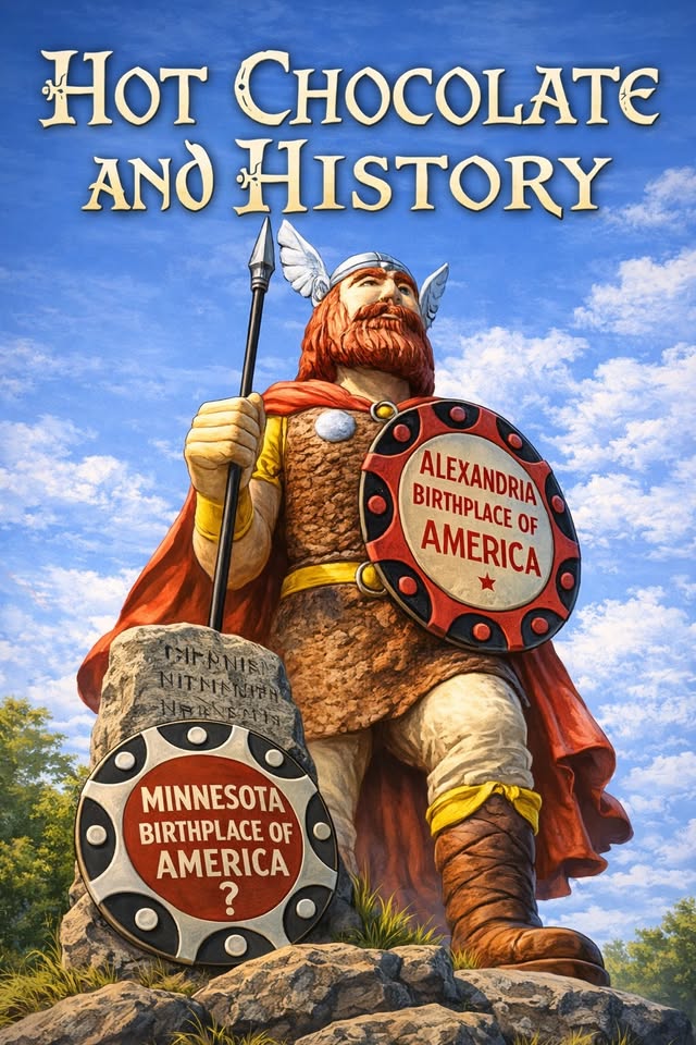 A statue of a Viking warrior stands on a rock in Alexandria, holding a shield labeled “Birthplace of America.” Another reads “Minnesota Birthplace of America?” The image is titled “Hot Chocolate and History.”.