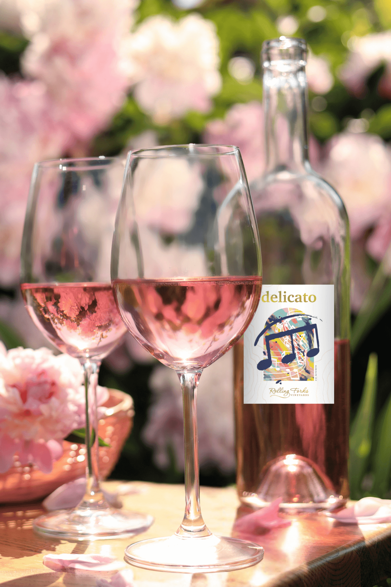 Two glasses and a bottle of "delicato" rosé wine sit on a wooden surface, surrounded by pink flowers and petals—perfect for an elegant Adult Easter Egg Hunt in a sunlit, floral setting.