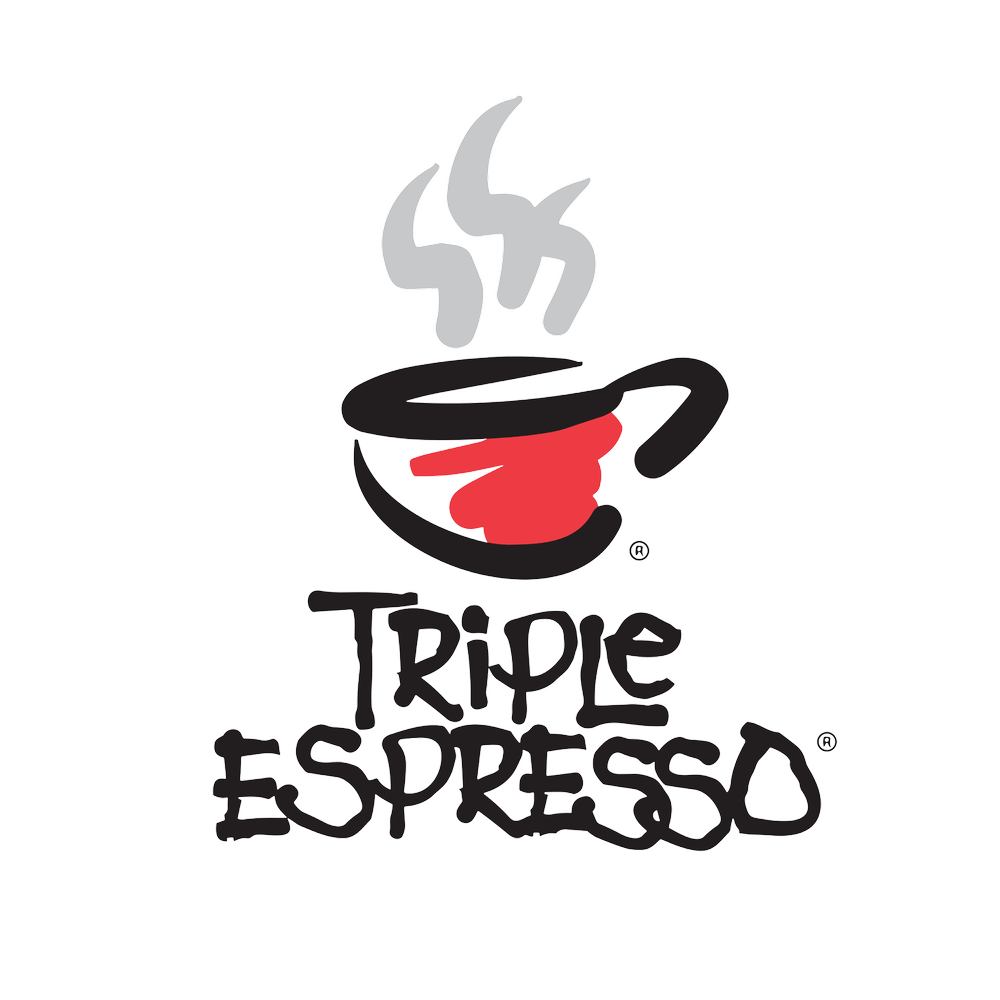 Stylized logo featuring a black coffee cup with red liquid and white steam above it. Below the cup, the text reads "Triple Espresso" in bold, playful lettering—perfect for promoting the live show at Theatre L'Homme Dieu.