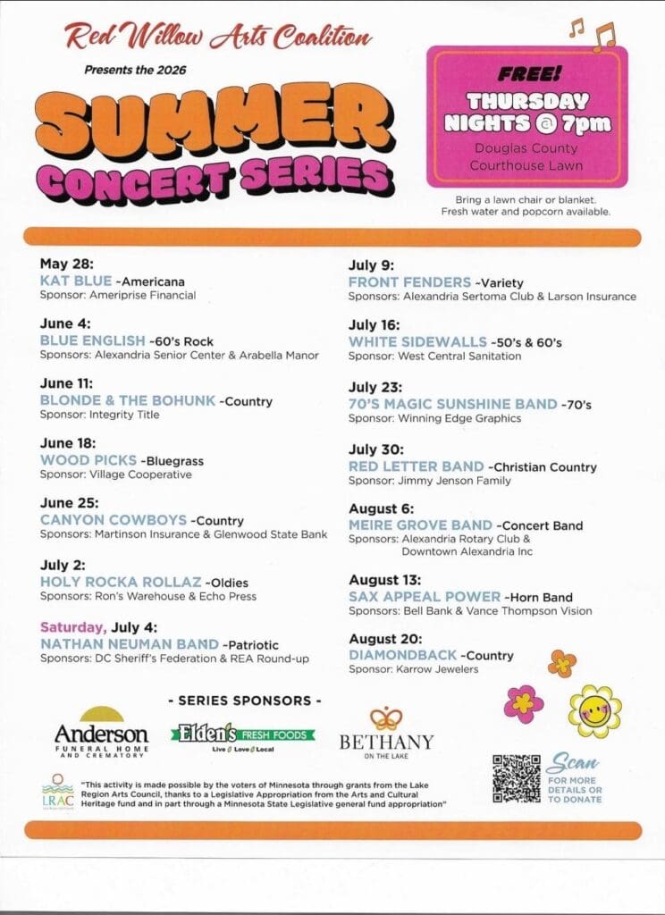 Summer Concert Series poster with dates, band names, sponsors, and vibrant graphics. Highlights free Summer Concert Series on Thursday nights at 7pm on the Courthouse Lawn, featuring various bands from May 28 to August 8, 2026.