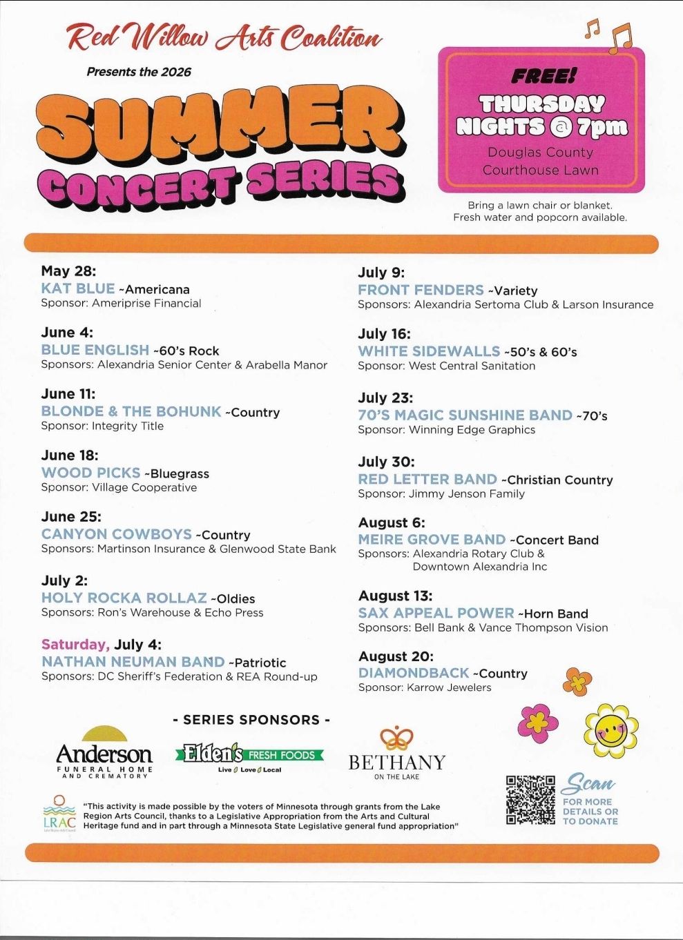 Summer Concert Series poster with dates, band names, sponsors, and vibrant graphics. Highlights free Summer Concert Series on Thursday nights at 7pm on the Courthouse Lawn, featuring various bands from May 28 to August 8, 2026.