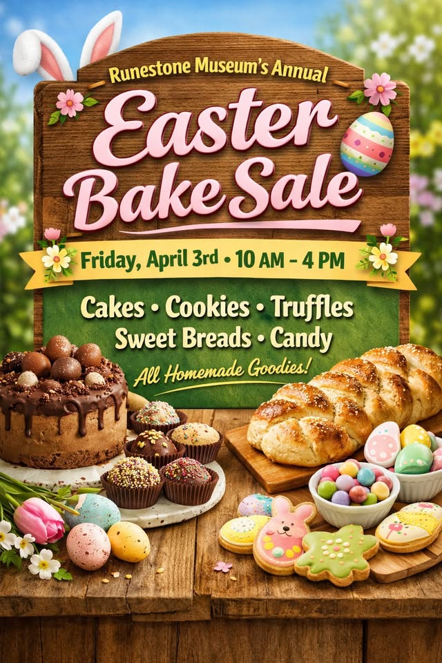Colorful Easter Bake Sale sign with treats like cake, cookies, bread, and candy displayed on a wooden table. The sign advertises the Annual Bake Sale event date, time, and homemade goodies, decorated with Easter eggs and flowers.