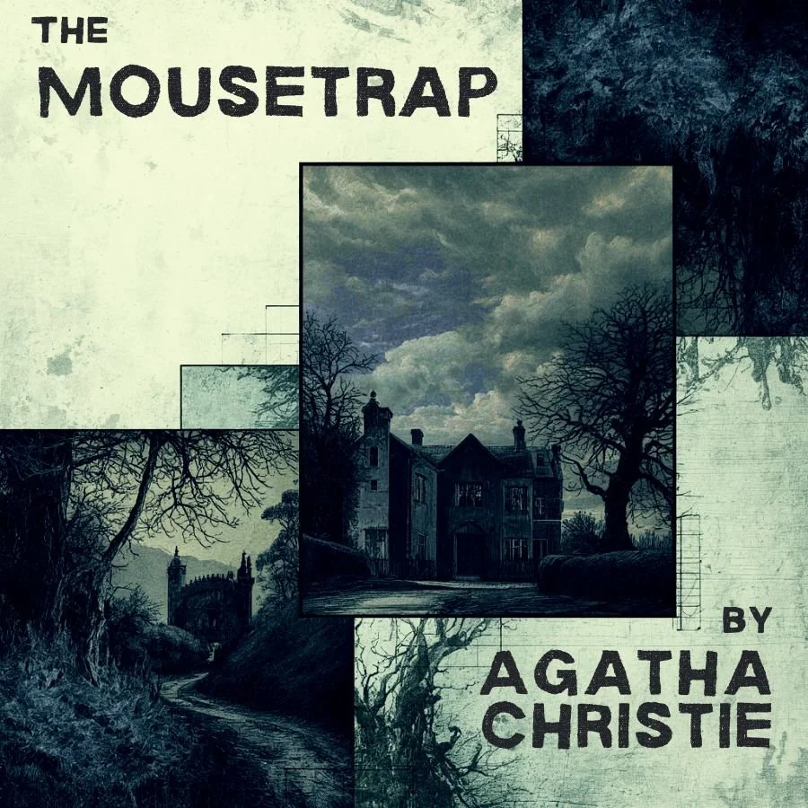 Book cover for Agatha Christie's play “The Mousetrap,” featuring a dark, ominous house surrounded by bare trees under a cloudy sky, with a shadowy path and an unmistakable gothic atmosphere.