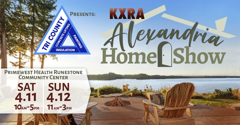 Promotional image for the Alexandria Home Show 2026 at the Primewest Health Runestone Community Center, featuring event dates April 11-12 and a lakeside view with Adirondack chairs in the foreground. Sponsored by KXRA Alexandria.
