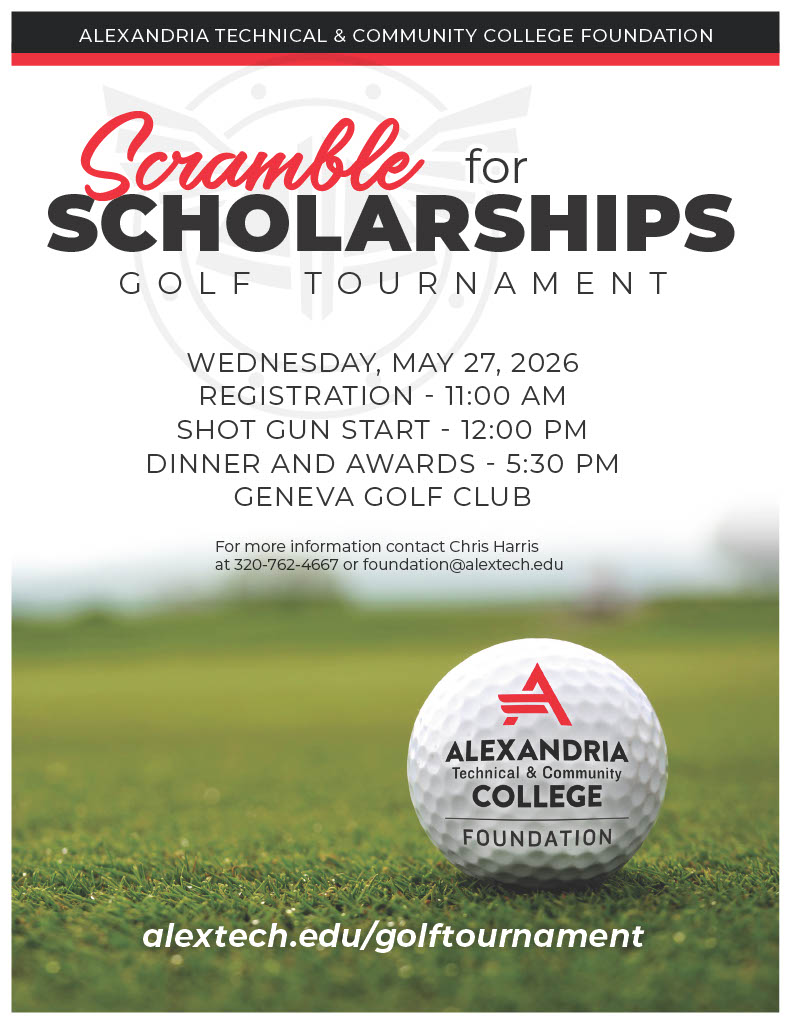 Poster for Alexandria Technical & Community College Foundation’s Golf Tournament Scramble on May 27, 2026, at Geneva Golf Club. Highlights scholarships, event times, contact info, and a golf ball with the college logo on grass in the foreground.