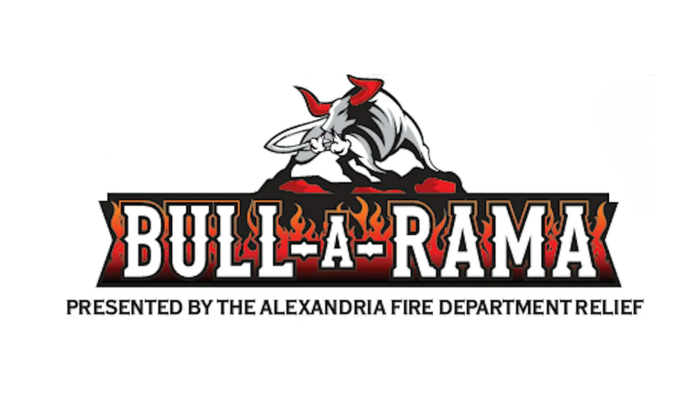 Logo for “BULL-A-RAMA” with a graphic of an angry bull above fiery flames. Text below reads, “Presented by the Alexandria Fire Department Relief.”.