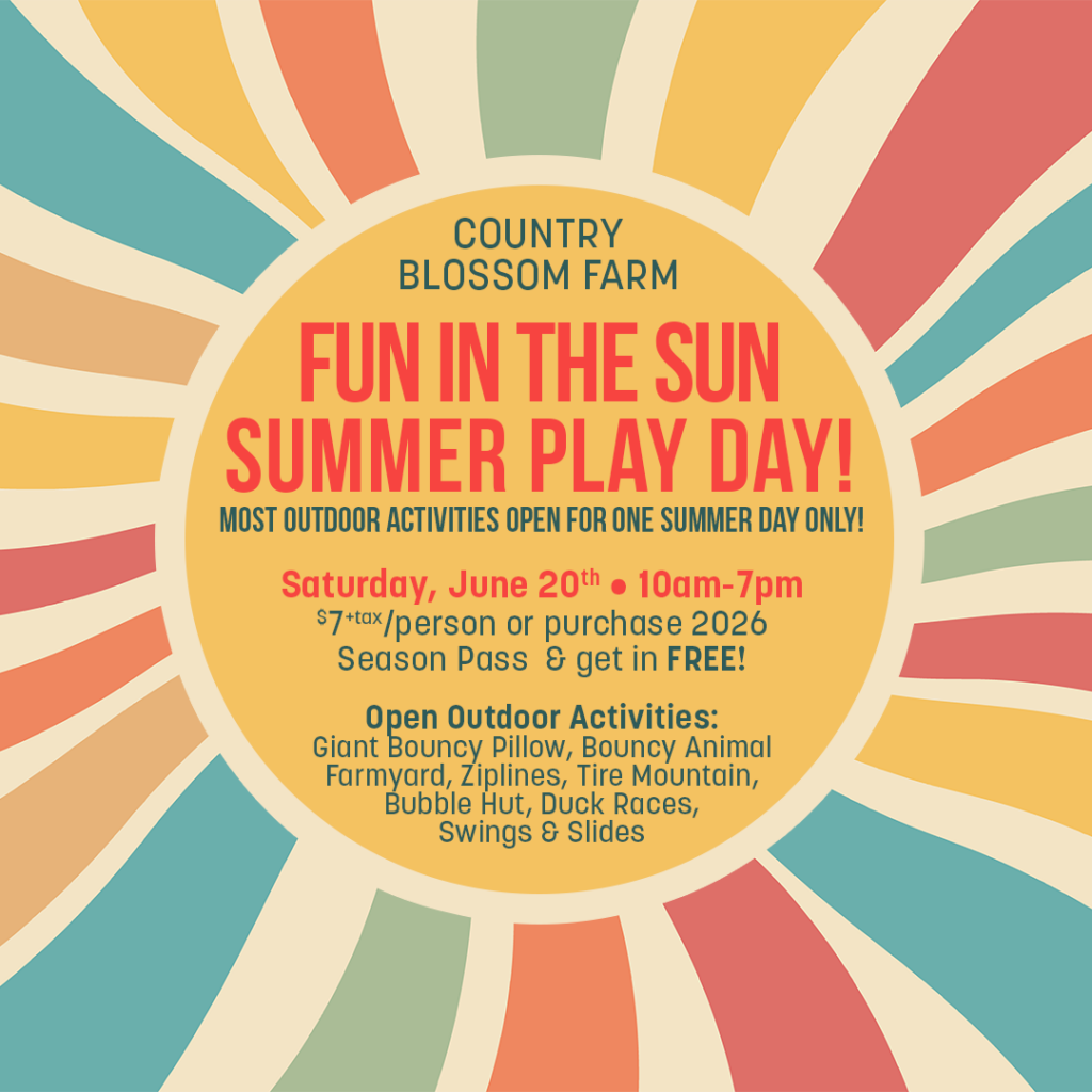 A colorful sunburst flyer for the “Summer Play Day” at Country Blossom Farm, listing outdoor activities and event details for Saturday, June 20th, 10am–7pm. Entry fees and free pass info included.