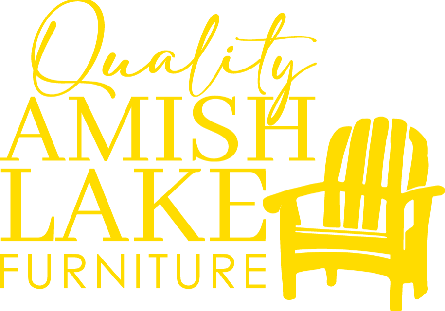 Yellow logo with the words “Quality Amish Lake Furniture” in stylized fonts, showcasing the outline of an Adirondack chair on the right side, perfectly reflecting the craftsmanship behind Quality Amish Lake Furniture.