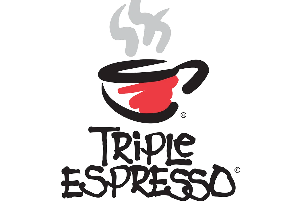 Stylized logo featuring a black coffee cup with red liquid and white steam above it. Below the cup, the text reads "Triple Espresso" in bold, playful lettering—perfect for promoting the live show at Theatre L'Homme Dieu.