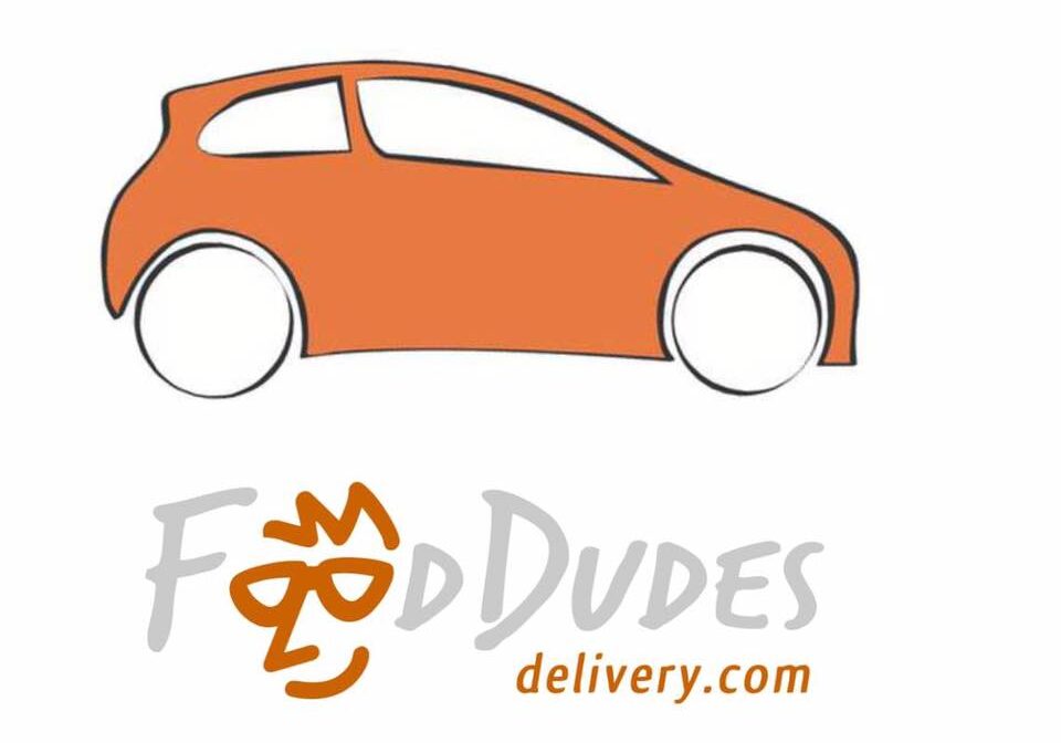 An orange car graphic above the text "Food Dudes delivery.com" in stylized gray and orange letters, with a face made from the letters "F" and "D" in Food Dudes, highlights this food delivery service’s playful branding.