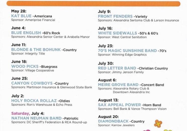 Summer Concert Series poster with dates, band names, sponsors, and vibrant graphics. Highlights free Summer Concert Series on Thursday nights at 7pm on the Courthouse Lawn, featuring various bands from May 28 to August 8, 2026.