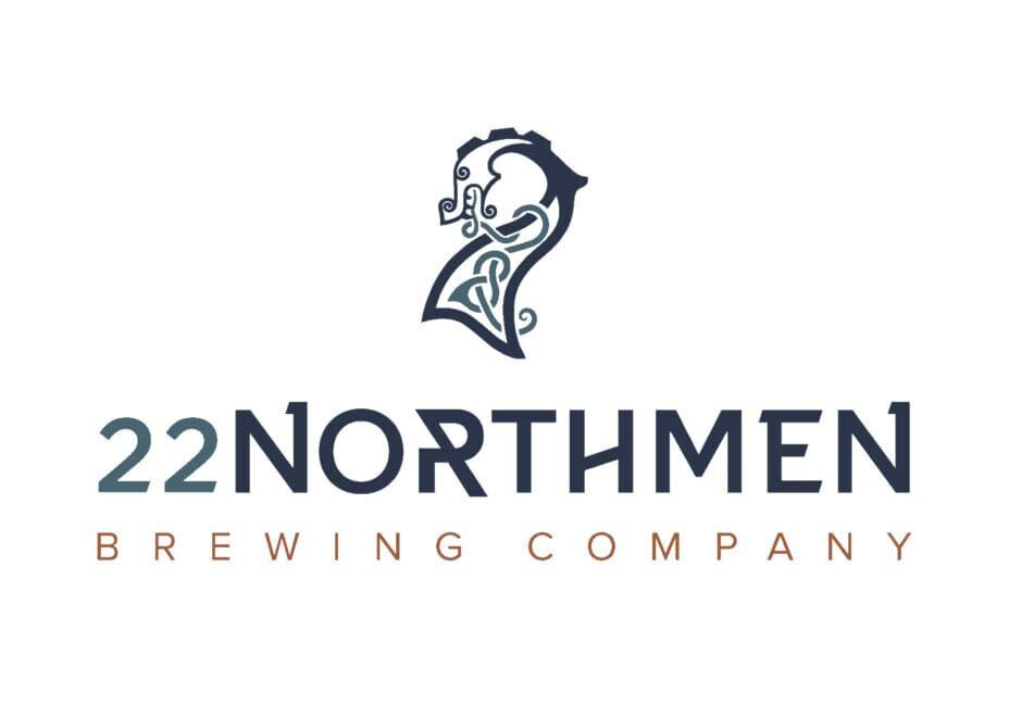 Logo for 22 Northmen Brewing Company featuring stylized Norse artwork above the company name; "22 Northmen" in large, dark blue text and "Brewing Company" in smaller, orange letters below.