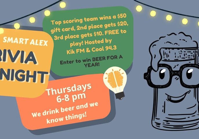 Illustrated flyer for "Smart Alex Trivia Night" at Copper Trail Brewing, featuring a cartoon beer mug in glasses. Join Thursdays 6–8 pm for prizes, hosted by radio stations, with a chance to win beer for a year. Festive string lights in background.