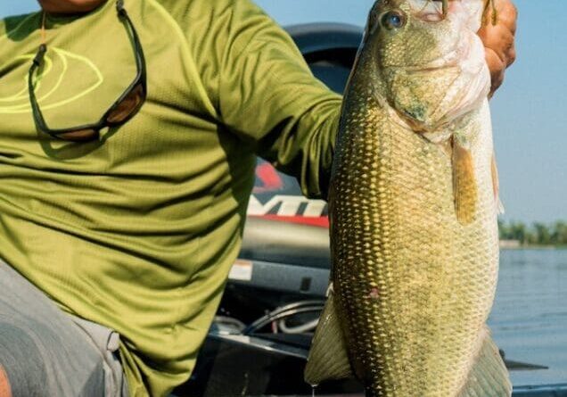 A smiling man in a green shirt and cap sits on a boat, holding up a large bass fish he caught while fishing the Midwest, with blue sky and water in the background.