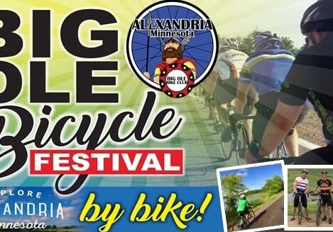 Promotional poster for the Big Ole Bicycle Festival in Alexandria, Minnesota, featuring cyclists riding, event logos, and text inviting you to explore the scenic Alexandria Lakes Area by bike.