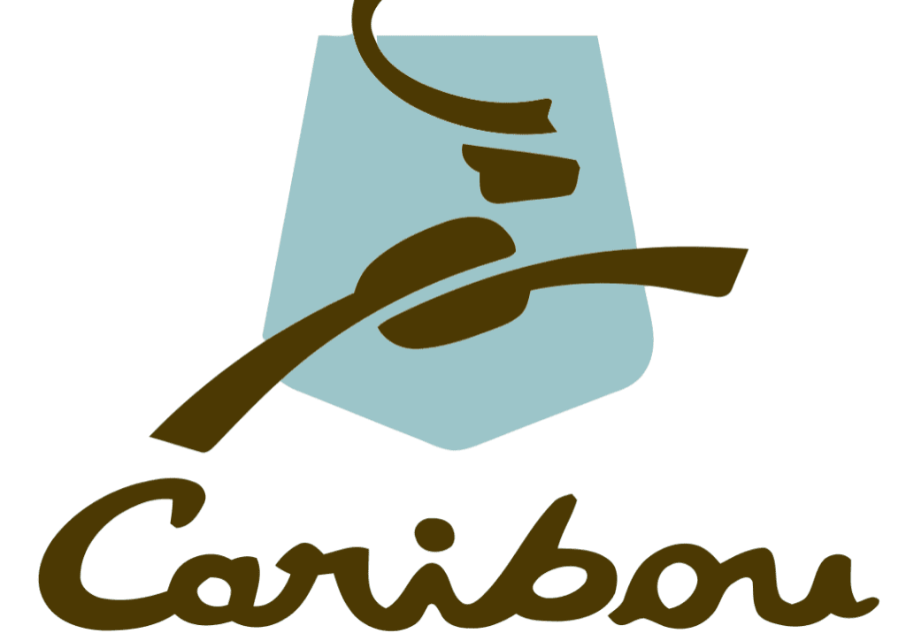 Caribou Coffee logo displays a stylized brown caribou leaping over a light blue geometric background, with "Caribou Coffee" elegantly written below in brown and blue text.