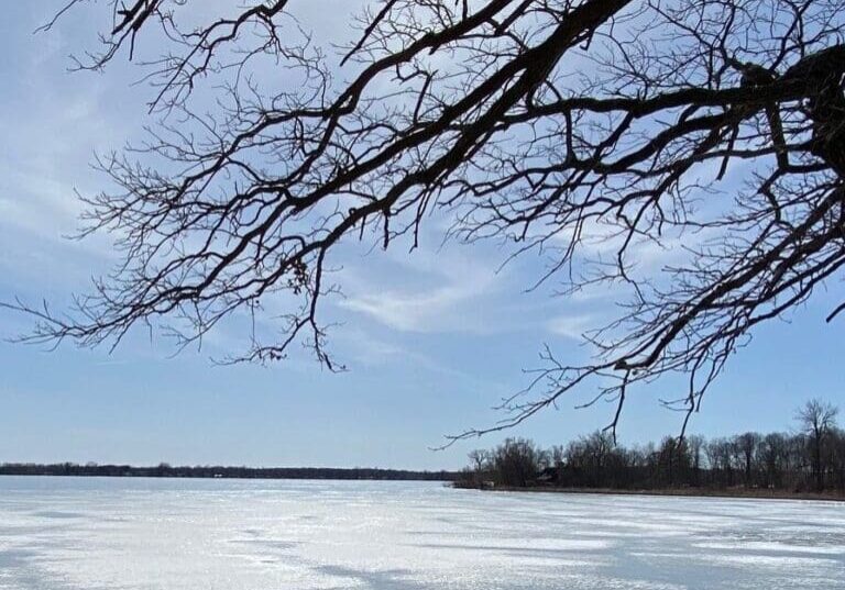 Sunlight shines through bare tree branches over a frozen lake, with patches of ice and distant trees on the horizon beneath a clear blue sky—an inviting scene to Explore Outdoors as hints of Spring approach.