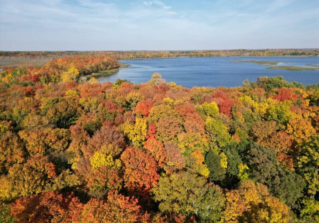 Aerial view of a forest with vibrant autumn foliage in shades of red, orange, and yellow surrounds the serene blue lake near McCabe Cabin, all beneath a partly cloudy sky.