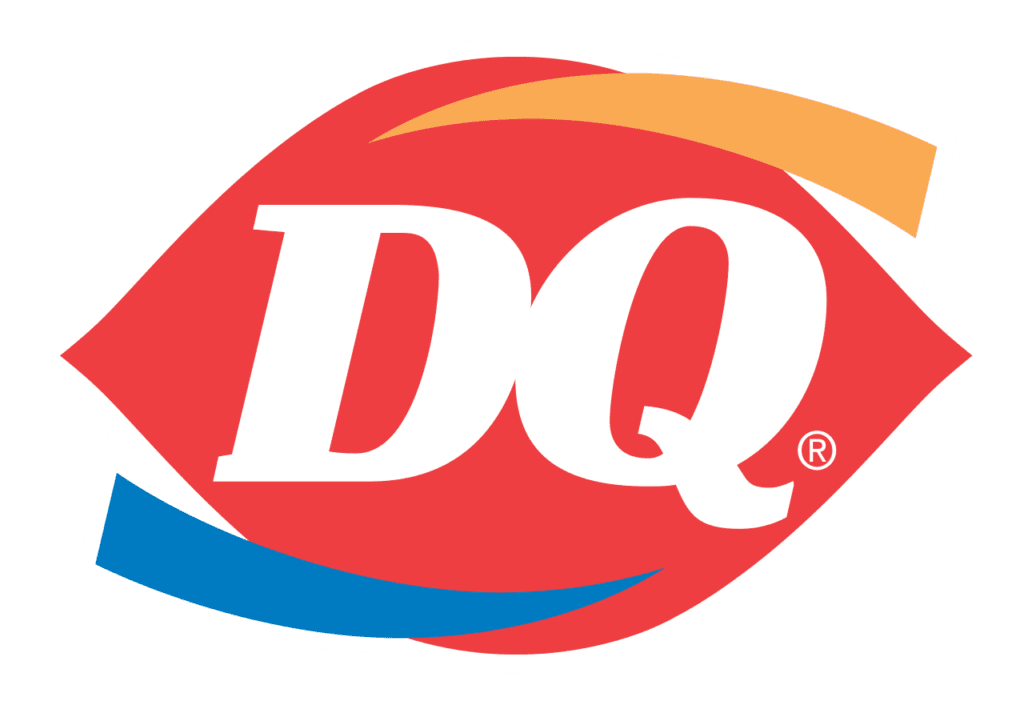 Dairy Queen (DQ) logo featuring bold white "DQ" letters on a red ellipse, with a yellow-orange swoosh above and a blue swoosh below, embodying the classic Dairy Queen brand.