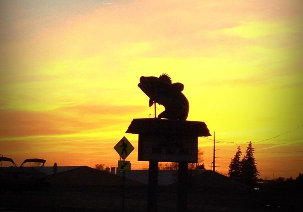 A large fish statue near Christopherson Bait Shop is silhouetted against a vibrant orange and yellow sunset sky, with trees, buildings, and a pedestrian crossing sign visible in the background.
