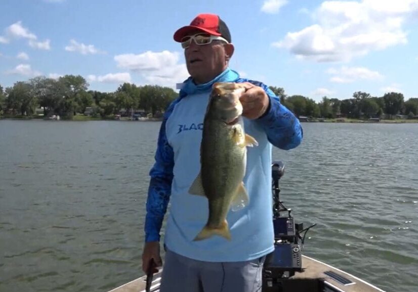 A man in a blue fishing shirt and red cap stands on a boat holding a large minnesota bass, with a lake and trees in the background under a partly cloudy sky—an ideal scene for fishing the midwest.