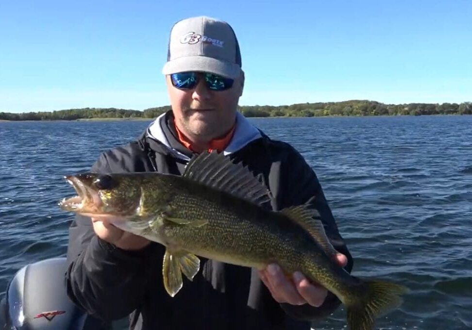 A person wearing a cap and sunglasses holds a large fish on a boat, enjoying some fall fishing on a lake with a tree-lined shore in the background under a clear blue sky.
