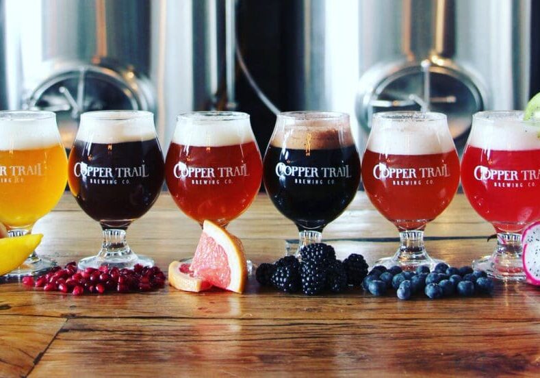 Six glasses of craft beer from Copper Trail Brewing Co, each a different color, are lined up on a wooden table with fresh mango, pomegranate, grapefruit, blackberry, blueberry, and dragon fruit in front. Brewing tanks appear in the background.