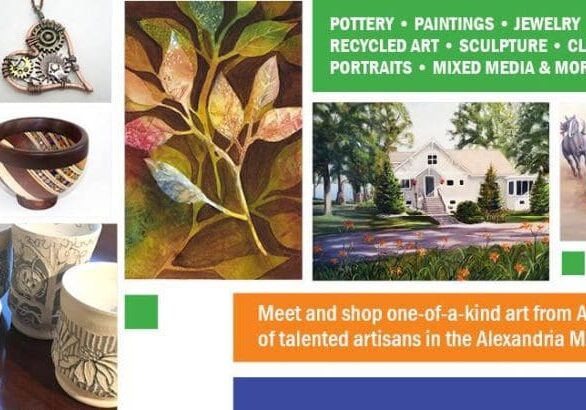 A collage showcases pottery, paintings, jewelry, recycled art, and sculptures, with text promoting Alexandria Art Guild—a collective of Alexandria MN lakes area artisans sharing unique art, portraits, classes, and mixed media.