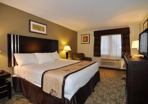 A cozy Best Western hotel room featuring a large bed, two nightstands with lamps, an armchair by the window, a TV on a dresser, paintings on the walls, and an air conditioning unit beneath a curtained window.