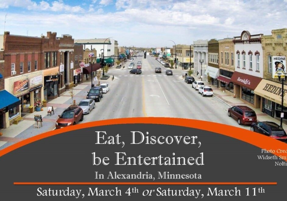 A view of a small-town main street lined with shops and cars in Alexandria, Minnesota, with text promoting local events featuring Dinner specials and Entertainment on Saturday, March 4th or Saturday, March 11th.