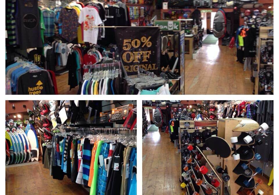 Collage showing Faction Boardshop, a surf and skate shop with racks of clothing, hats, skateboards, and accessories. A large sign in the center advertises "50% OFF ORIGINAL". The store has wooden floors and packed shelves.