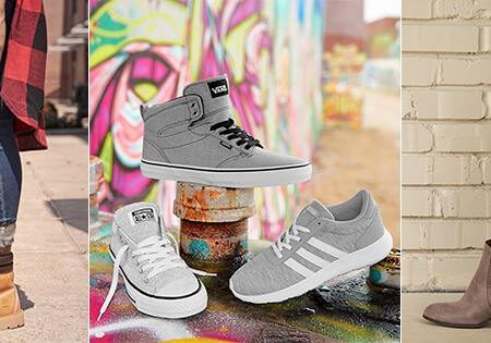 A collage shows: left, a person wearing tan boots and ripped jeans; center, three pairs of sneakers from Famous Footwear floating in front of a colorful wall; right, people in ankle boots with fringe details, sitting on a bench.