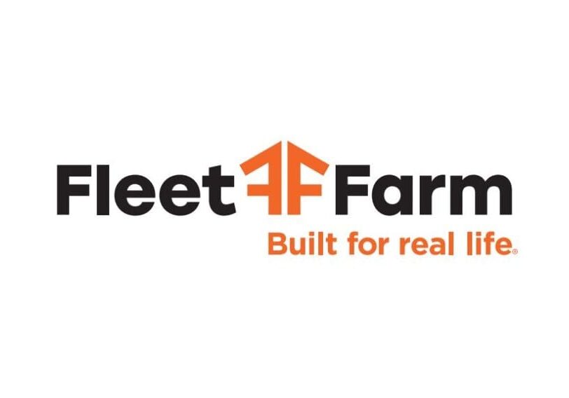 Fleet Farm logo with bold black text and an orange geometric symbol resembling two letter Fs, paired with the tagline “Built for real life.” in orange beneath "Farm," all set against a clean white background.