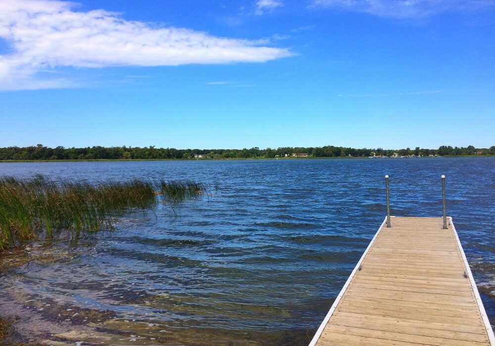 A wooden dock extends over the calm waters of Lake Mary with gentle ripples. Tall grasses grow near the shore on the left, and trees line the distant horizon beneath a bright blue sky with scattered clouds.