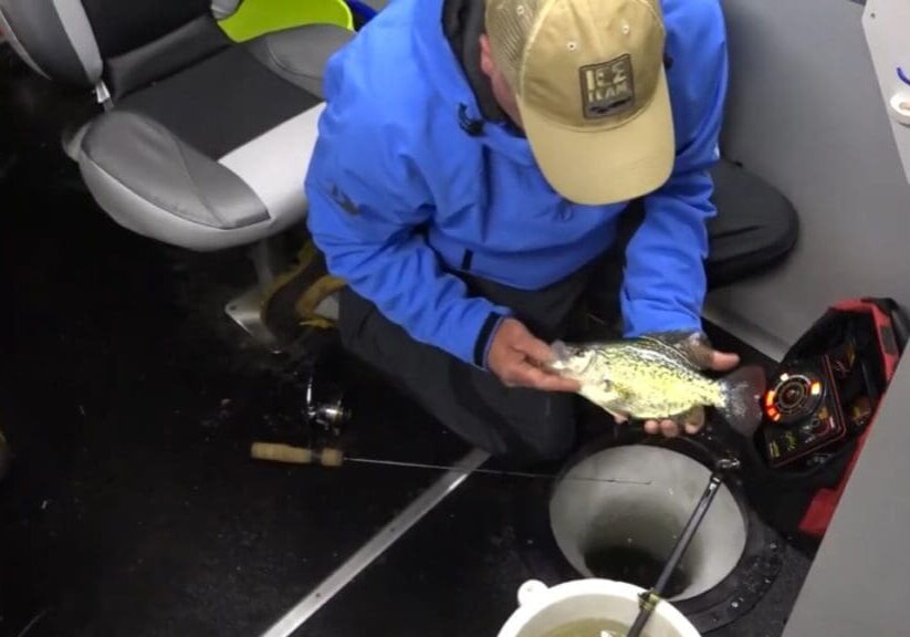 A person in a blue jacket and tan hat, like Mike Frisch, holds a fish while kneeling next to an ice fishing hole inside a shelter, with fishing equipment and a fish finder nearby.