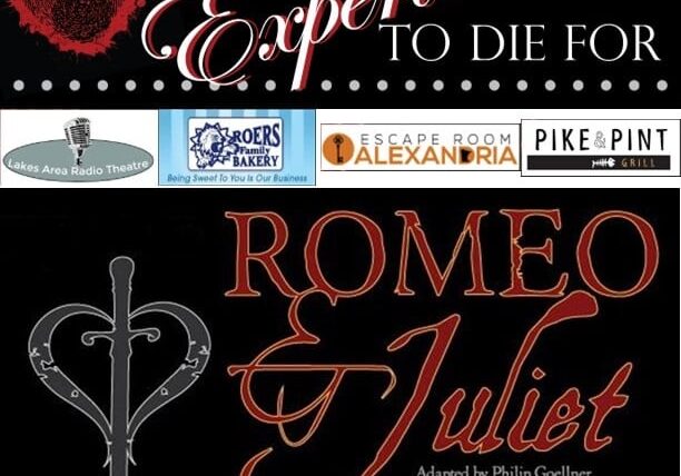 A promotional poster for "Romeo & Juliet" featuring sponsor logos and the text "An Alexandria Experience To Die For." The title is styled with a heart and sword graphic, highlighting this unforgettable Alexandria package deal.