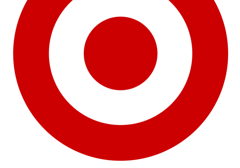 The image shows the iconic Target logo, featuring a bold red bullseye composed of two concentric circles above the word "TARGET" in red, all set against a black background.